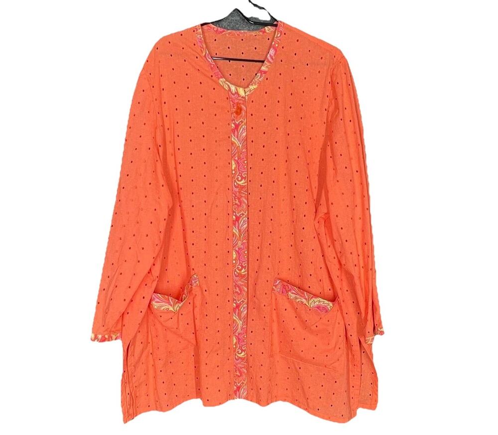 Tunic Top Womens XXXL Coral Orange Embroidered Floral Eyelet Airy Comfy Bohemian